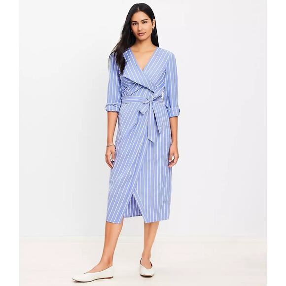 LOFT Shirt Dress Sz 16 Blue White Striped Long Sleeve Wrap Midi V-Neck - Picture 2 of 15